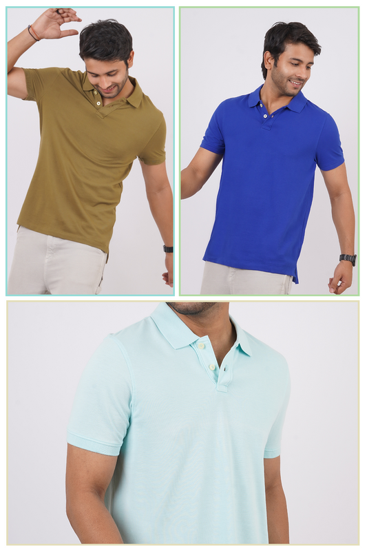 Pack of 3 Solid Polos(Olive Green, Blue, Water Blue)T-shirt