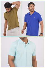 Pack of 3 Core Polo T-Shirts  (Olive green, Blue, Water blue) With Embroidered Logo