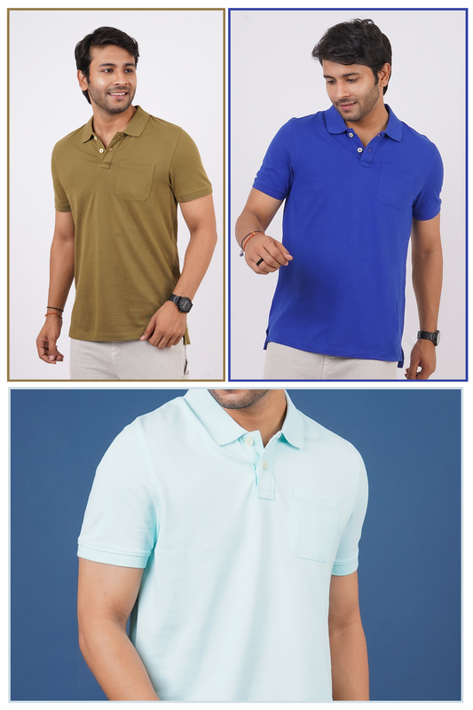 Pack of 3 Solid Polos( Olive Green, Blue, Water Blue ) with pocket T- shirt