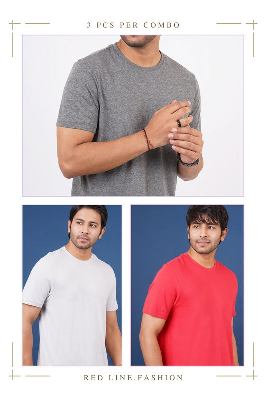 Pack of 3 Solid (Anthra Melange, Glacier grey & Coral) Crew Neck T-Shirts