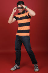 Men's Orange/Navy Striped Pique Polo T-shirt