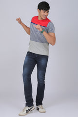 Men's Grey/Red/Blue Striped Round Neck T-shirt