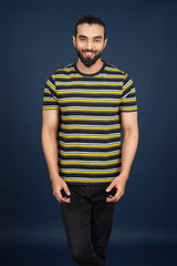 Men's Yellow/Navy/Green striped round neck t-shirt