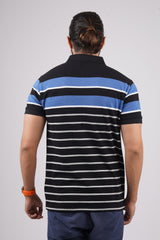 Men's Black/Blue/White Striped Pique Polo T-shirt