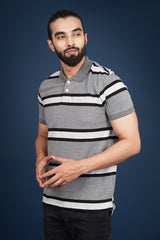 Mens Grey/White/Black Striped single jersey polo t-shirt