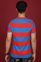 Men's Red/Royal Blue Striped Round Neck T-shirt