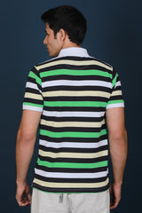 Men's Pastel Yellow/Green/White/Black Striped Pique Polo T-shirt