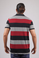 Mens Grey/Navy/Maroon Striped single jersey polo t-shirt