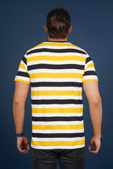 Men's Yellow/Black/White striped round neck t-shirt