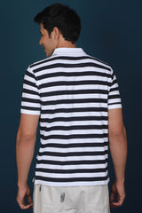 Men's Navy/White Striped Pique Polo T-shirt