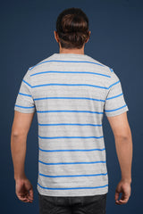 Men's Grey Melange/Blue striped round neck t-shirt