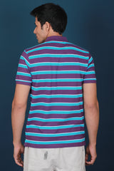 Men's Purple/Blue/White Striped Pique Polo T-shirt