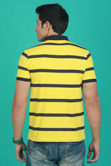 Men's Cyber Yellow/Black Striped Single Jersey Polo T-shirt