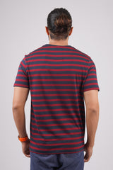 Men's Navy/Maroon striped round neck t-shirt