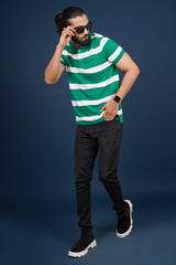 Men's Green/White Striped Single Jersey Polo T-shirt