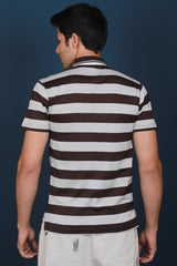 Men's Brown/Grey Striped Mercerized Single Jersey Polo T-shirt