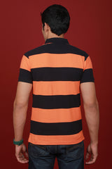 Men's Orange/Navy Striped Pique Polo T-shirt