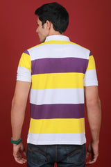 Men's Cyber Yellow/White/Purple Striped Pique Polo T-shirt