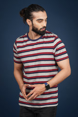 Men's Navy/Maroon/Light Grey striped round neck t-shirt