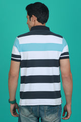 Men's White/Blue/Navy Striped Single Jersey Polo T-shirt