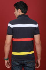 Men's Black/White/Red/Yellow Striped Single Jersey Polo T-shirt