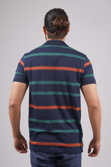 Men's Navy/Orange/Green Striped single jersey polo t-shirt