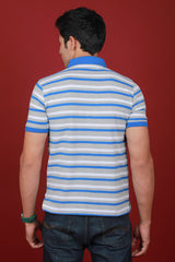 Men's White/Blue/Grey Striped Single Jersey Polo T-shirt