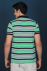 Men's Green/White/Black Striped Pique Polo T-shirt