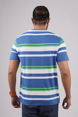 Men's Blue/White/Green striped round neck t-shirt