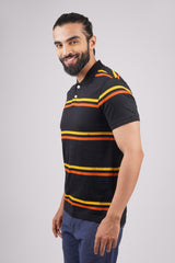 Mens Black/Yellow/Orange Striped single jersey polo t-shirt