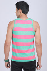 Men's Aqua/Coral Single Jersey Sleeveless Striped T-shirt