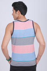 Men's White/Blue/Red Single Jersey Sleeveless Striped T-shirt