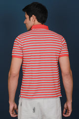 Men's Red/Grey Striped Pique Polo T-shirt