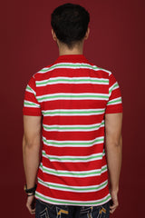 Men's Red/White/Green Striped Single Jersey Polo T-shirt