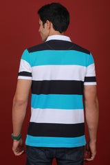 Men's Dark Navy/White/Blue Striped Pique Polo T-shirt