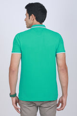 Men's Pool Green Lycra Pique Polo Tipping Collar T-shirt