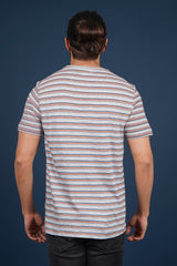 Men's Grey/Orange/Blue striped round neck t-shirt