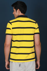 Men's Cyber Yellow/Black Striped Pique Polo T-shirt