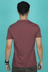 Men's Burgandy Melange Round Neck T-shirt with Logo