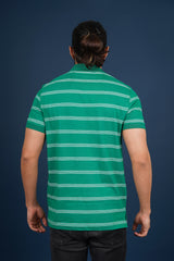 Men's Green/White Striped single jersey polo t-shirt