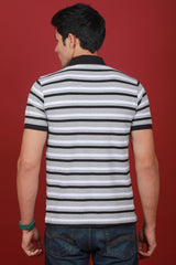 Men's Grey/White/Black Striped Pique Polo T-shirt