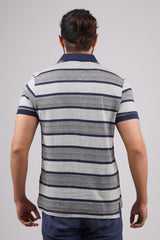 Mens Grey/Navy Striped single jersey polo t-shirt