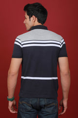 Men's Dark Navy/White/Grey Striped Single Jersey Polo T-shirt