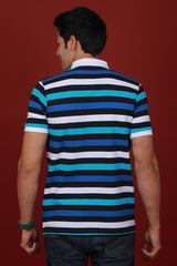 Men's Light Blue/White/Black/Blue Striped Pique Polo T-shirt