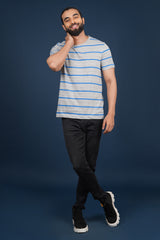 Men's Grey Melange/Blue striped round neck t-shirt