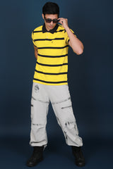 Men's Cyber Yellow/Black Striped Pique Polo T-shirt