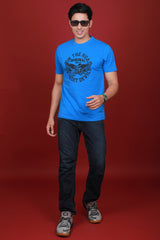 Men's Blue Printed Single Jersey Round Neck T-shirt