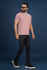 Men's Grey Mel/Red striped round neck t-shirt