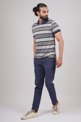 Mens Grey/Navy Striped single jersey polo t-shirt