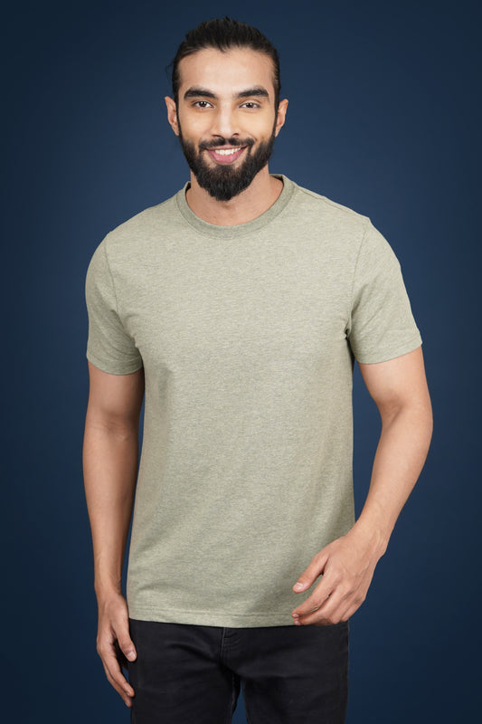 Men's Olive Melange Lycra Single Jersey Round Neck T-shirt